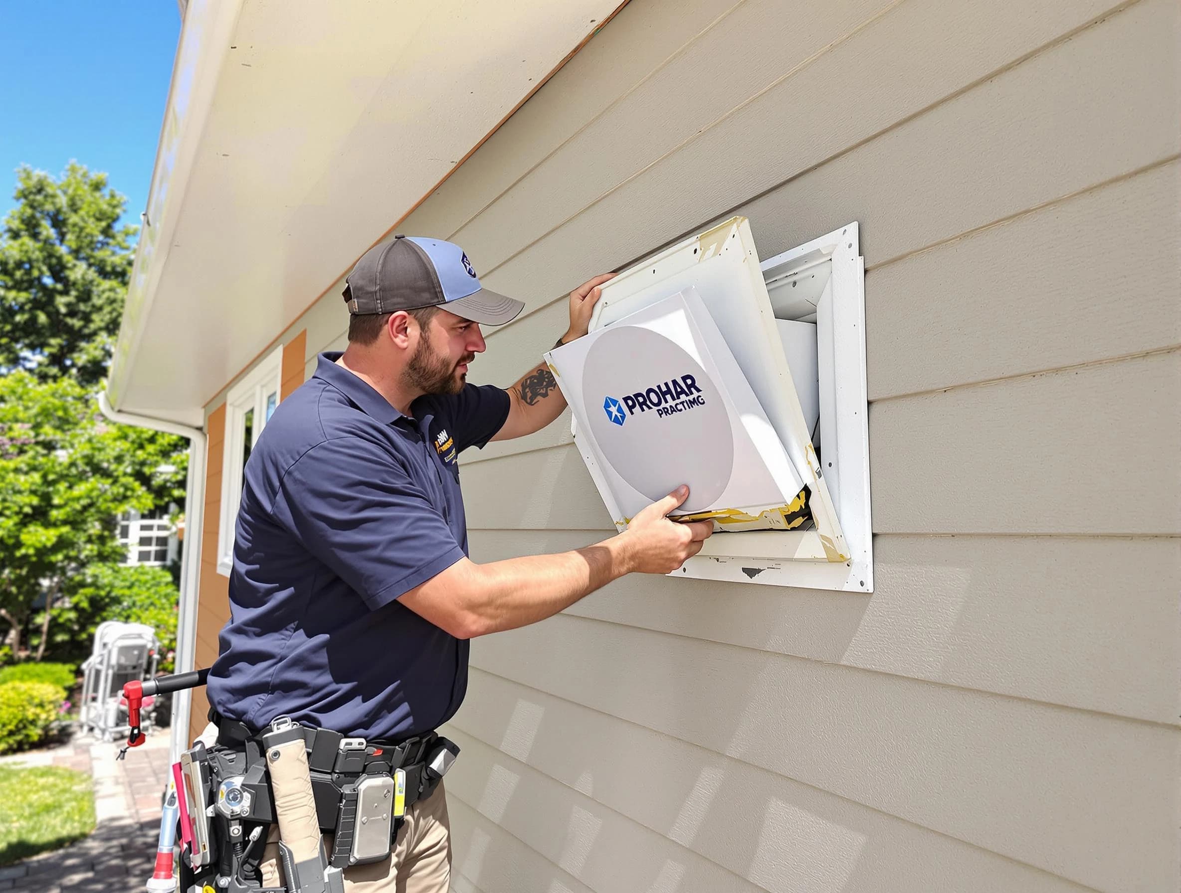 Twin Lakes Dryer Vent Cleaning technician installing a new protective dryer vent cover on a home in Twin Lakes