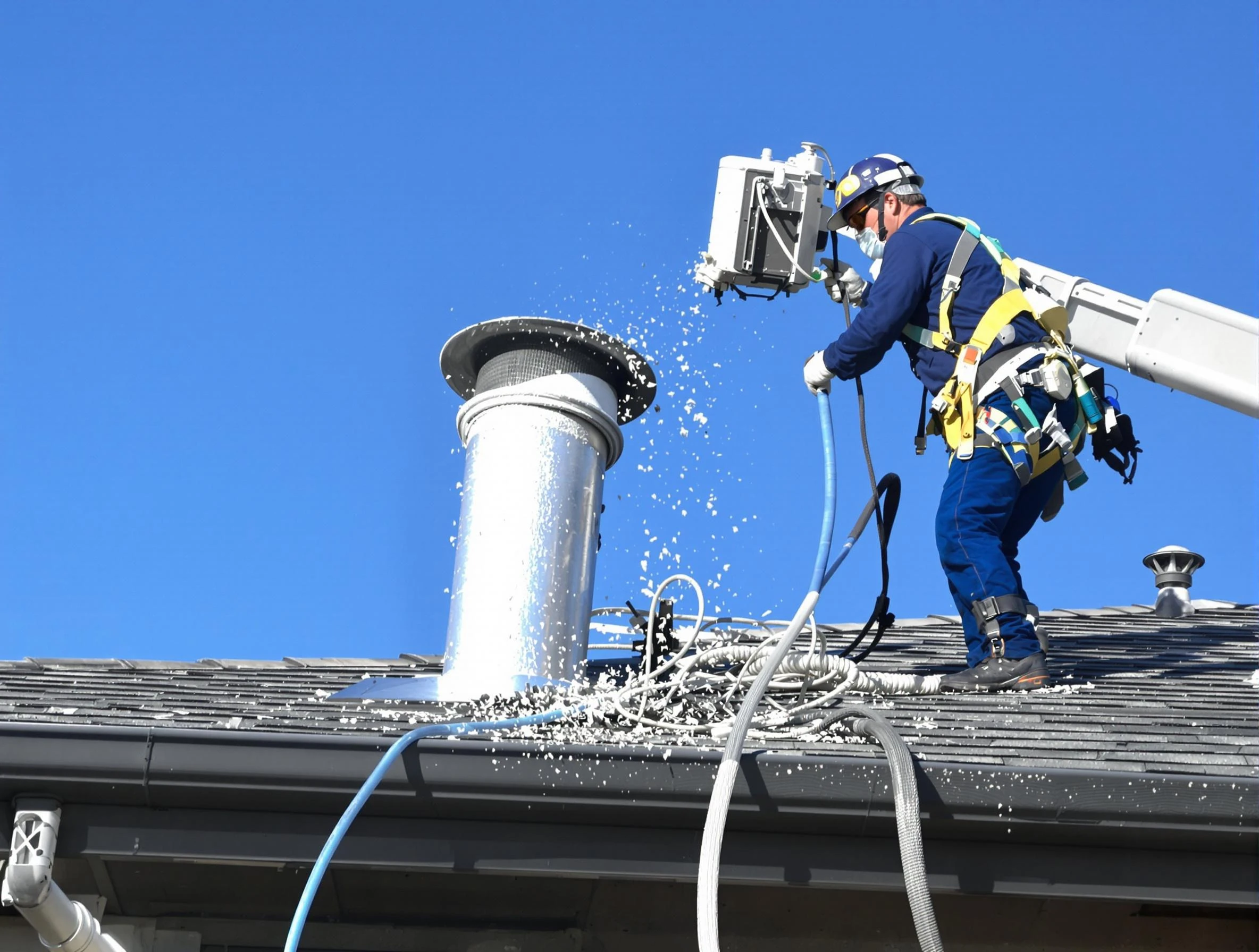 Twin Lakes Dryer Vent Cleaning certified technician safely cleaning a roof-mounted dryer vent in Twin Lakes