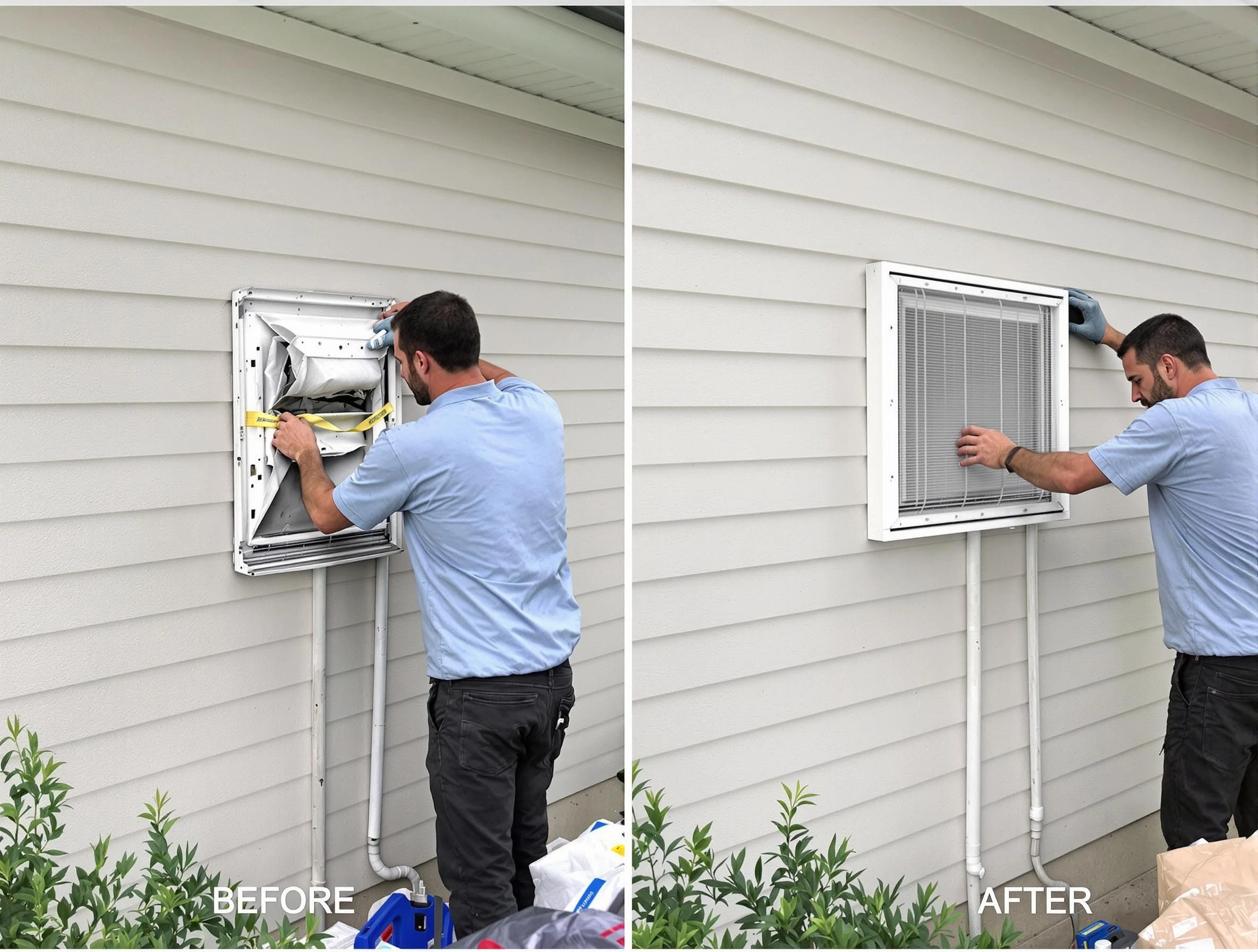 Twin Lakes Dryer Vent Cleaning technician installing high-quality dryer vent cover at a residential property in Twin Lakes